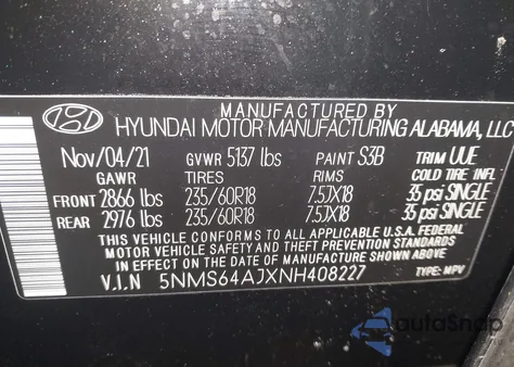 2022 Hyundai Santa Fe Sel из США, поврежденный, VIN 5NMS64AJXNH408227